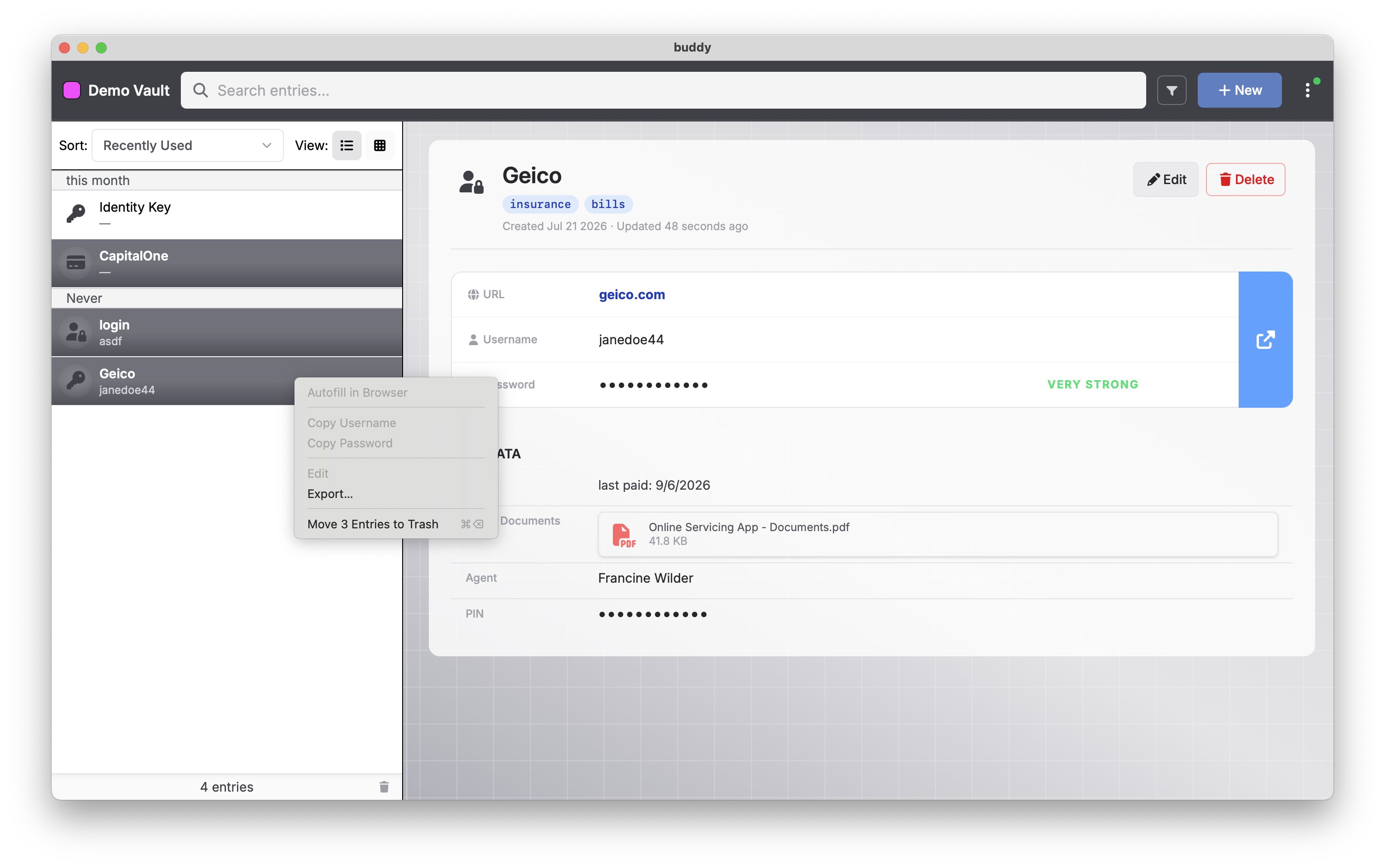 Screenshot: vault view with multi-select and batch actions