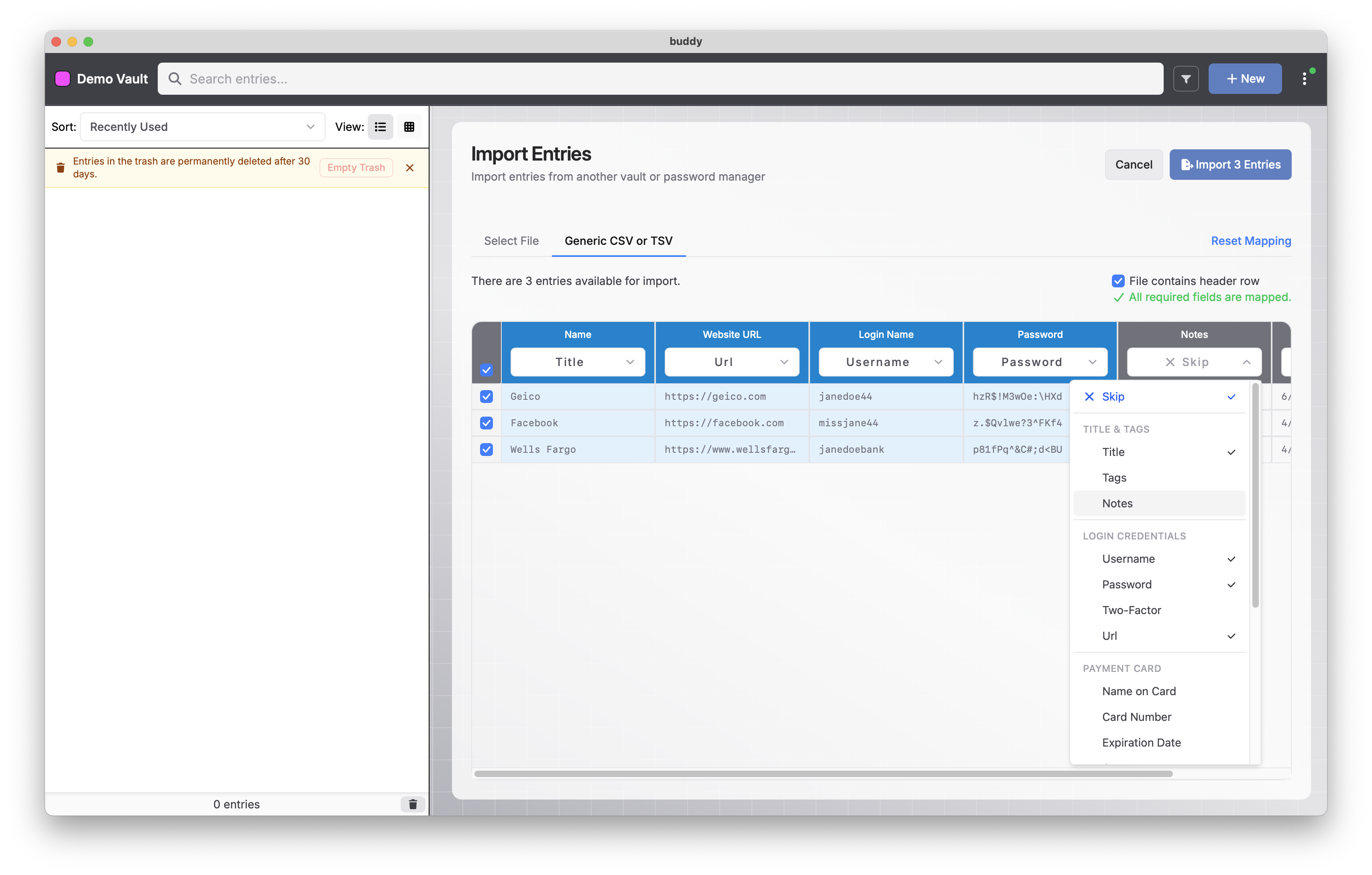 Screenshot: import passwords from generic CSV with user-defined field mapping