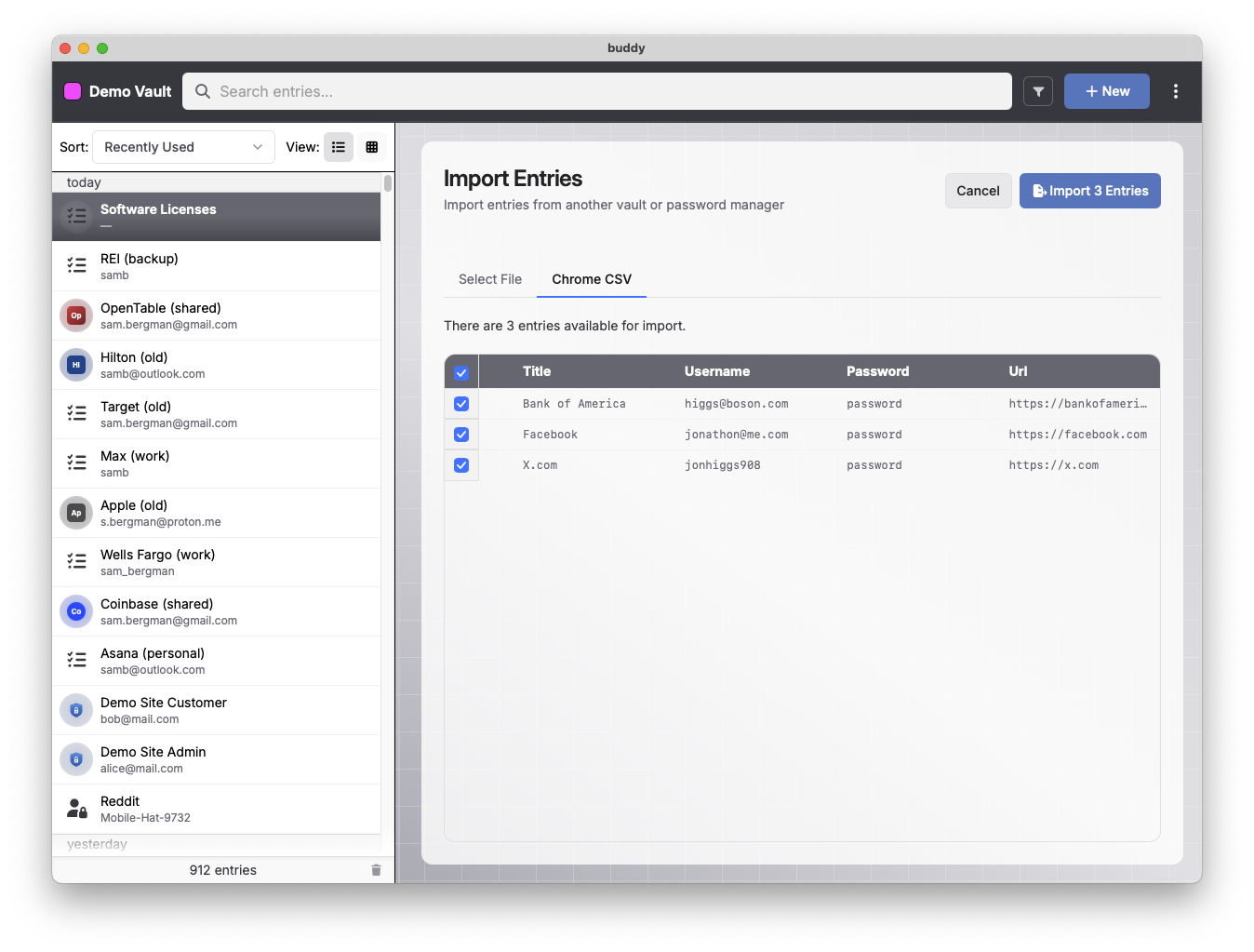 Screenshot: import preview with format auto-detected