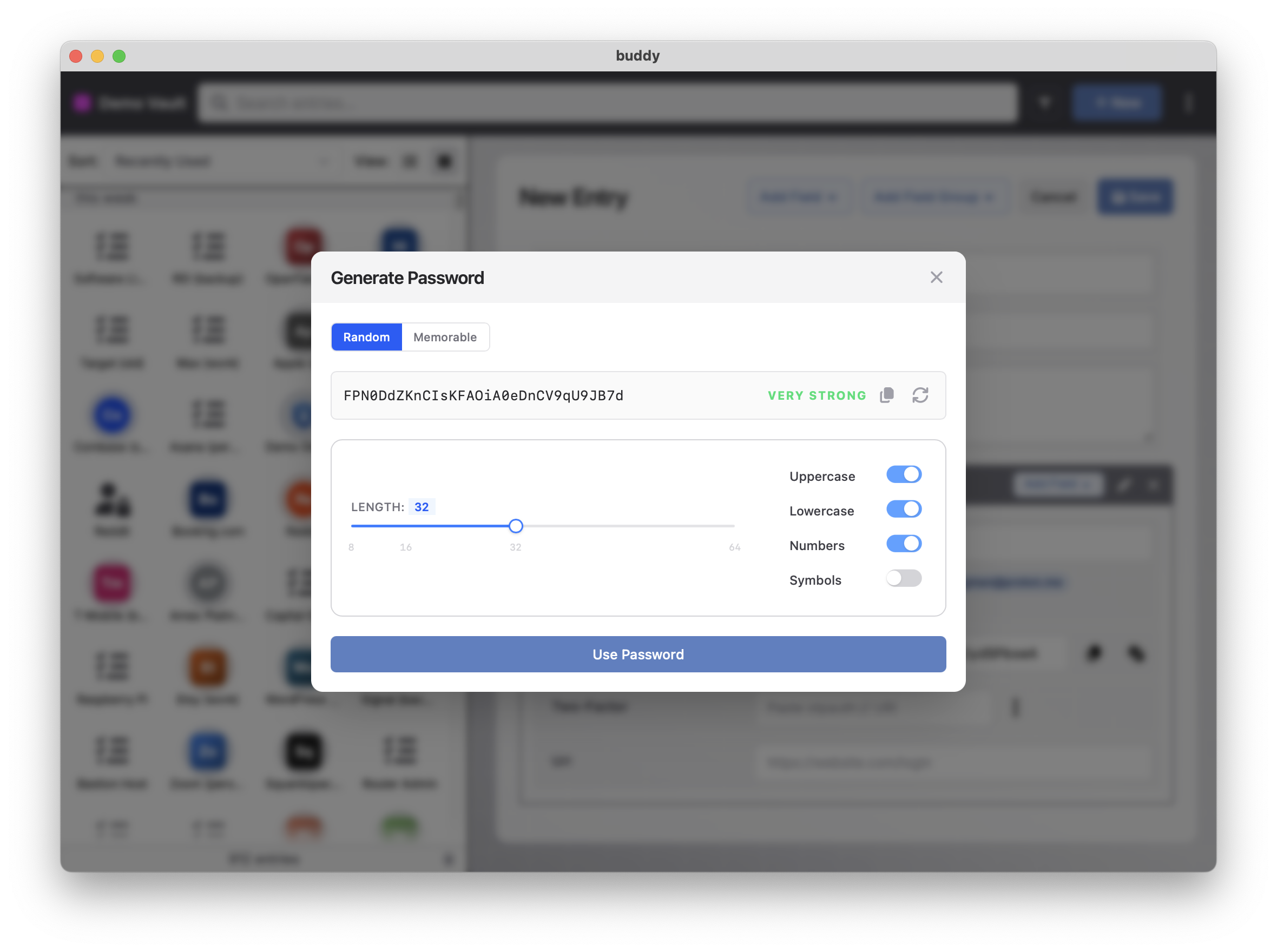 Screenshot: strong password generator with high entropy