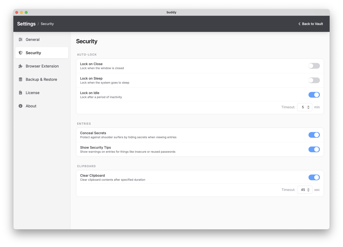 Screenshot: security settings with lock-on-idle set to five minutes and the clipboard clearing after 45 seconds
