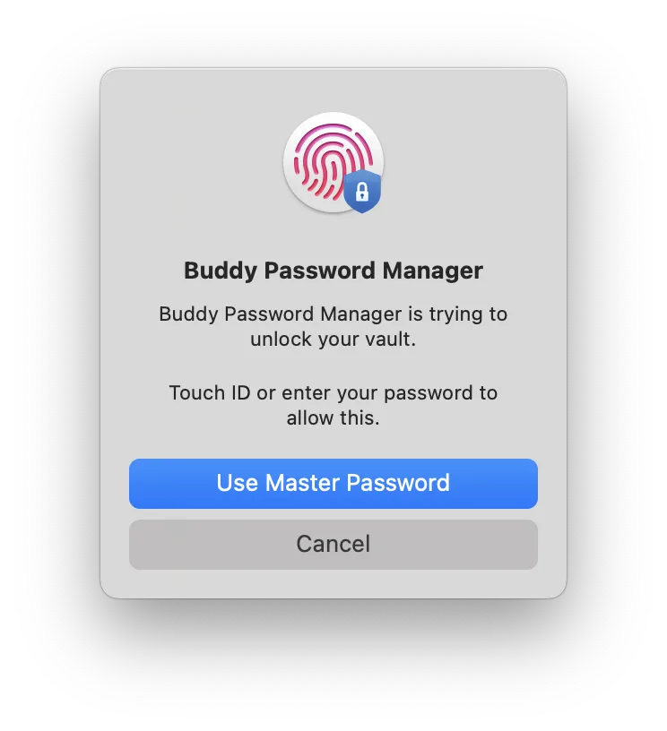 Screenshot: the macOS Touch ID prompt to unlock the vault, with a fallback to the master password