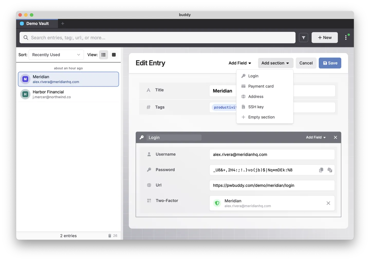 Screenshot: an entry composed from a login section, custom fields and tags, with the add-section menu open