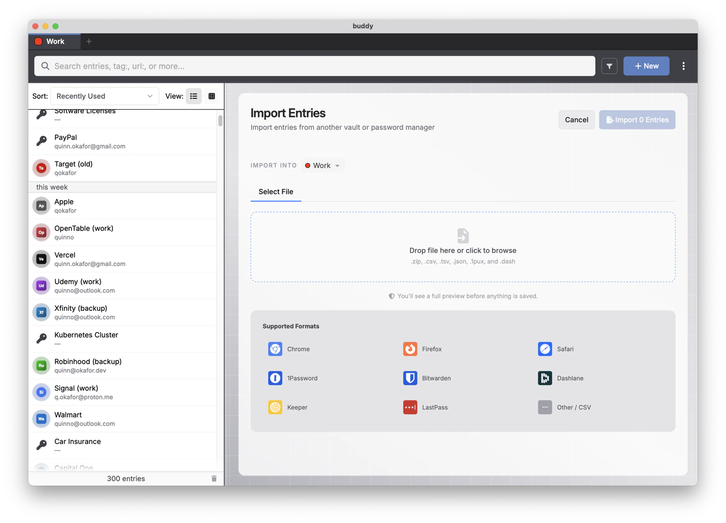 Screenshot: the import screen with a drop zone and the supported formats: Chrome, Firefox, Safari, 1Password, Bitwarden, Dashlane, Keeper, LastPass, and generic CSV