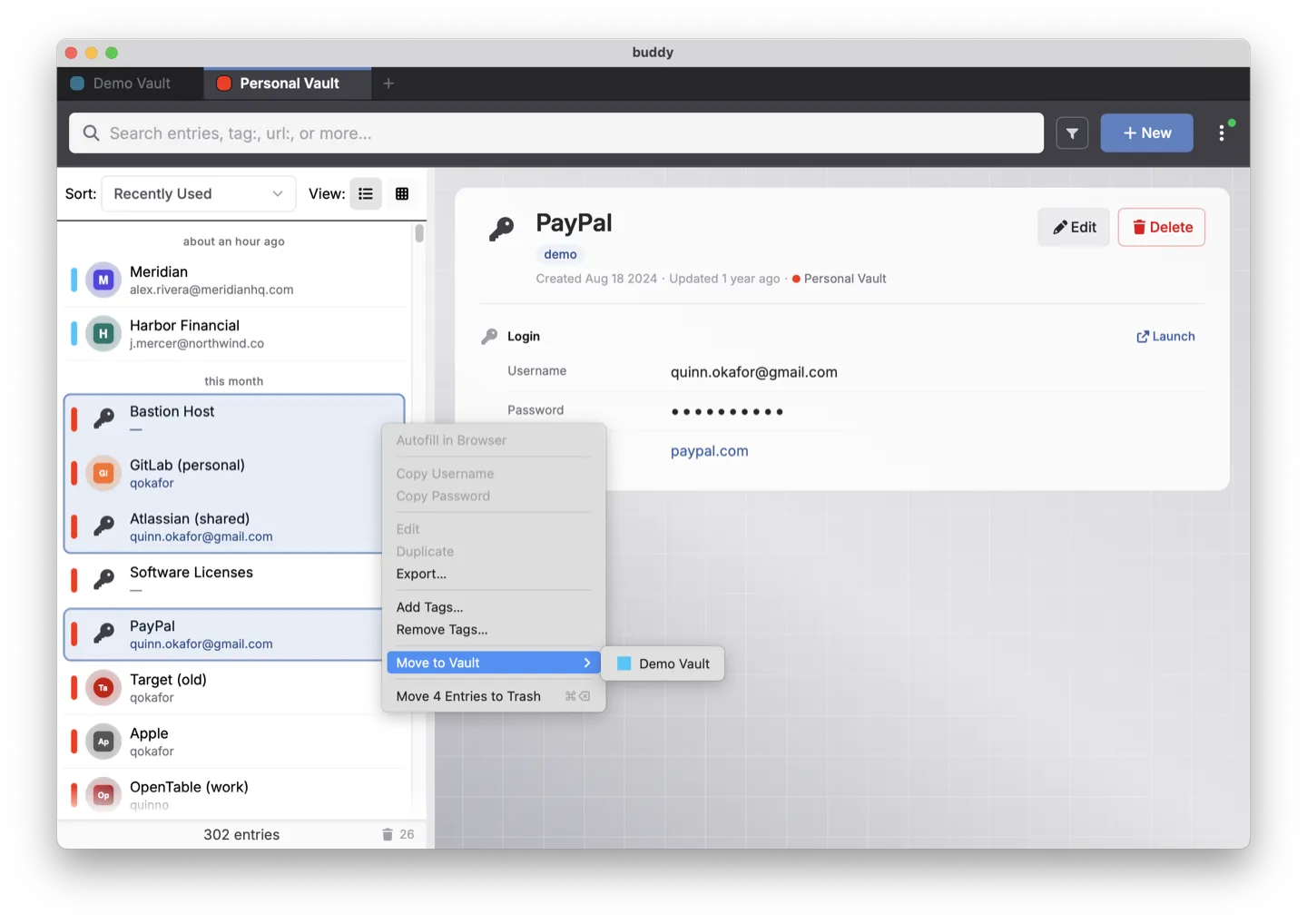 Screenshot: the vault list with several entries multi-selected and the batch action menu open