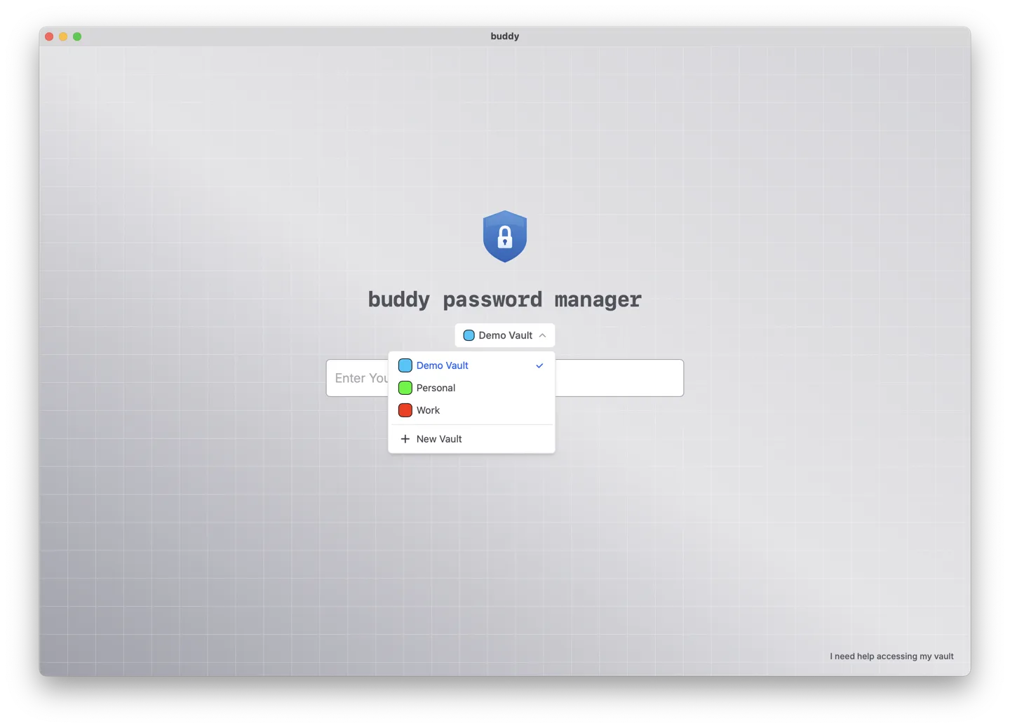 Screenshot: unlocking one of several vaults, each with its own master password