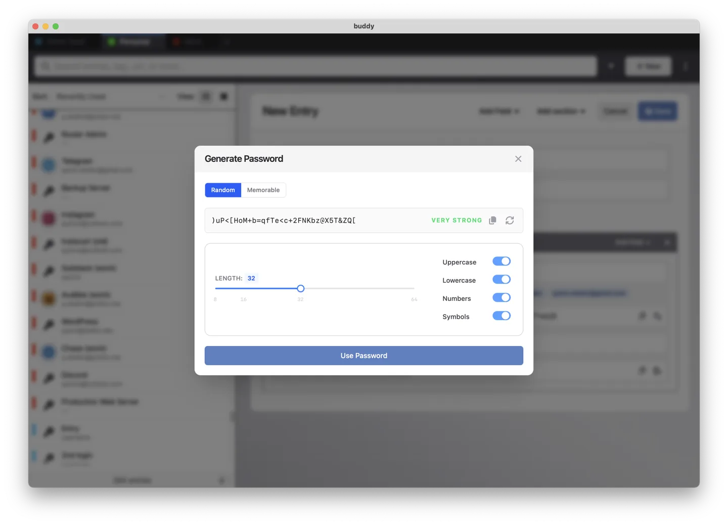 Screenshot: the generator producing a high-entropy password with the strength meter filled