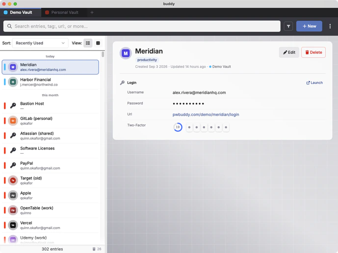 The Buddy desktop app showing a saved login: username, hidden password, website link and a rotating two-factor code